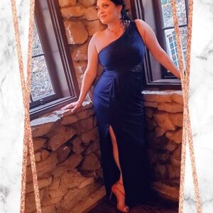 David's Bridal Navy One-Shoulder Dress